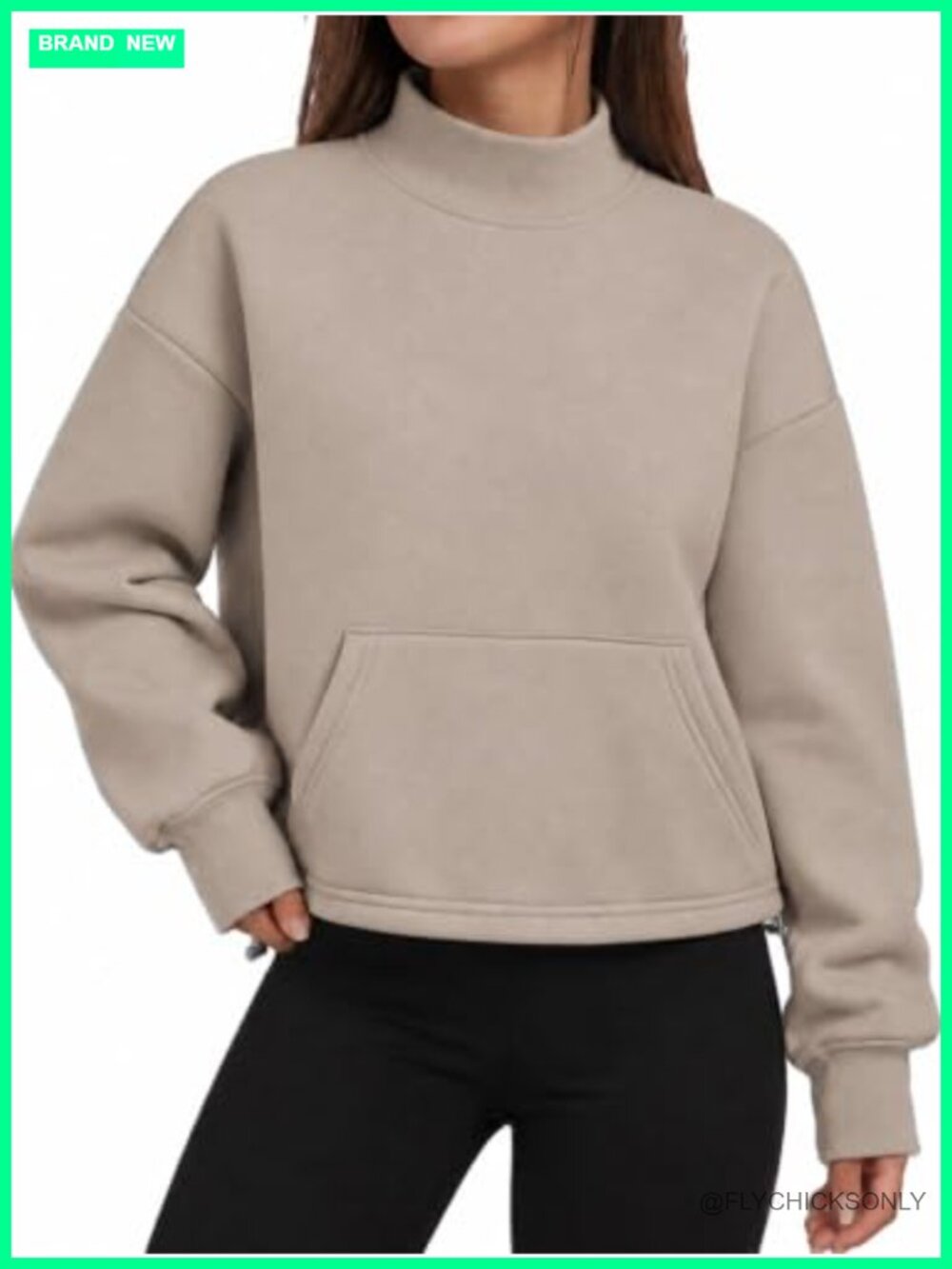 Women Mock Neck Crop Sweatshirt Fleece Lined Pullover with Kangaroo Pocket